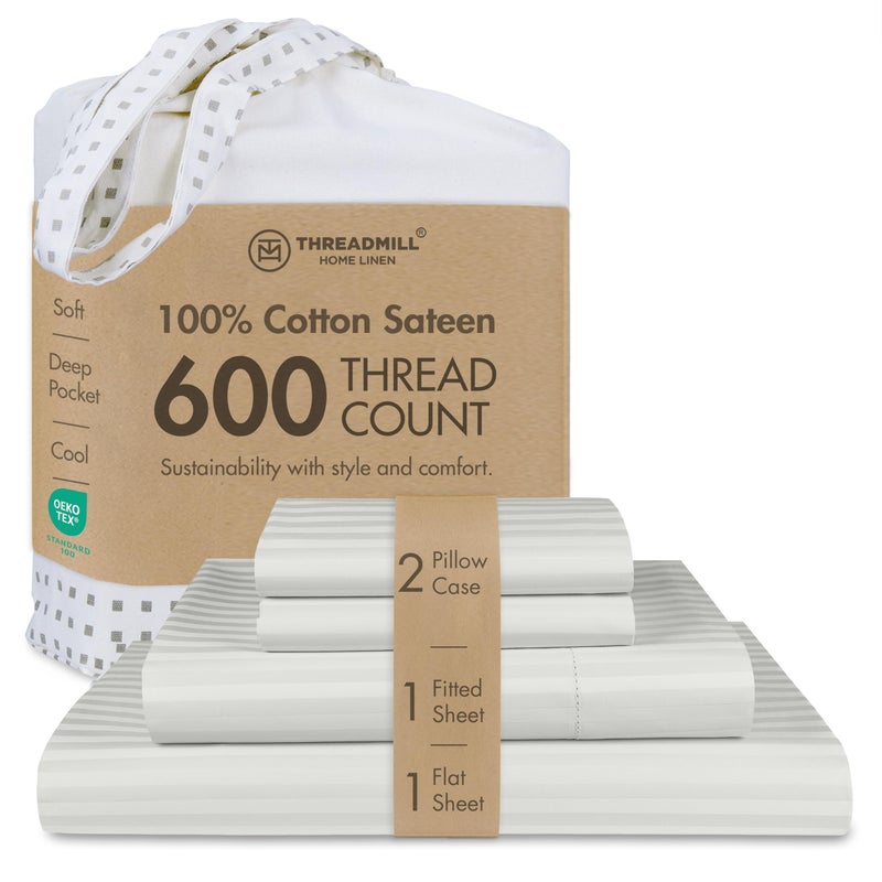 Threadmill 100% Cotton Sheets for King Size Bed - 600 Thread Count King Bed Sheets Set with 16â€ Deep Pocket - Damask Stripe Sateen Weave 4-Piece Bedding Set with Cooling Effect, Light Grey - Image 1